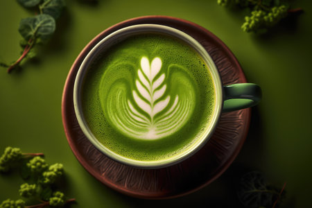 cup hot matcha flat lay Profesional advertising Food Photography AI Generatedの素材