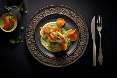 fine dining flat lay Profesional advertising Food Photography AI Generatedの素材