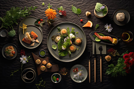 fine dining flat lay Profesional advertising Food Photography AI Generatedの素材