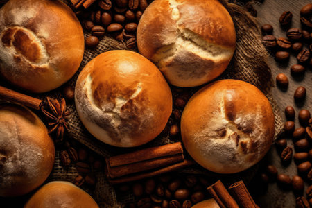 coffee buns flat lay profesional advertising food photography AI Generatedの素材