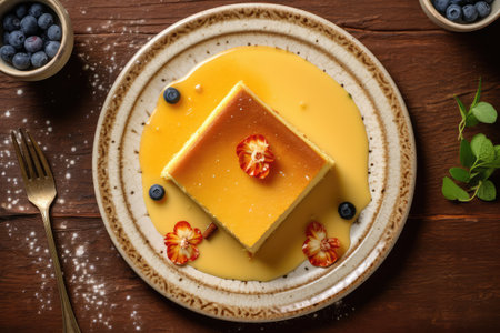 Piece of cheesecake with fresh berries on wooden table, top viewの素材