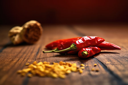 dried chili in kitchen table professional food photography AI Generatedの素材