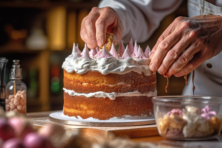 decorating cake in the kitchen table professional advertising food photographyの素材