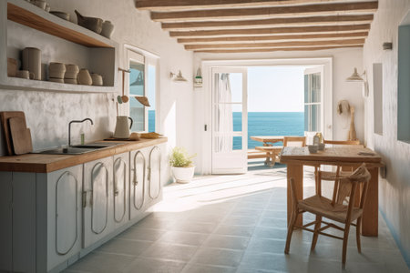 inside kitchen in the minimalist beach inn professional advertising photographyの素材