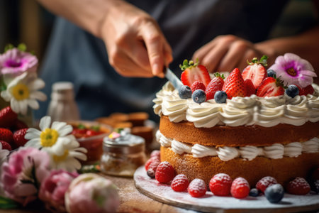 decorating cake in the kitchen table professional advertising food photographyの素材