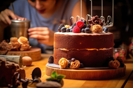 decorating cake in the kitchen table professional advertising food photographyの素材
