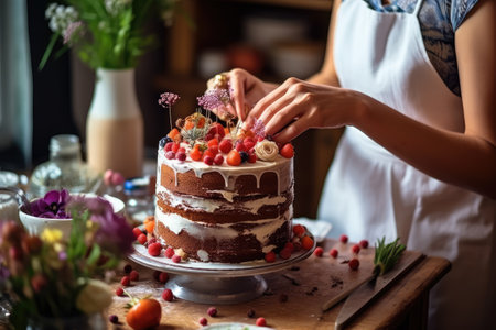 decorating cake in the kitchen table professional advertising food photographyの素材