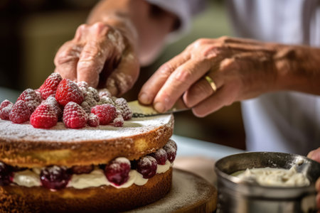 decorating cake in the kitchen table professional advertising food photographyの素材