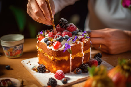 decorating cake in the kitchen table professional advertising food photographyの素材