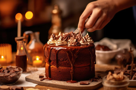 decorating cake in the kitchen table professional advertising food photographyの素材