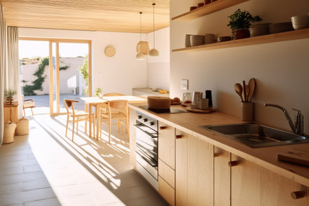 inside kitchen in the minimalist beach inn professional advertising photographyの素材