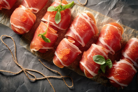 prosciutto wrapped melone on kitchen table professional advertising food photographyの素材