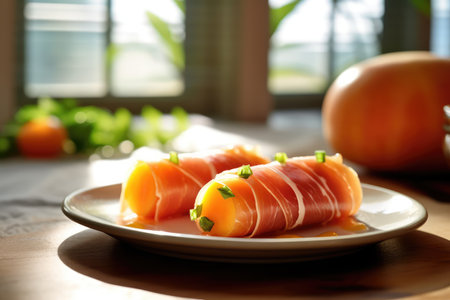 prosciutto wrapped asparagus in the kitchen table professional advertising food photographyの素材
