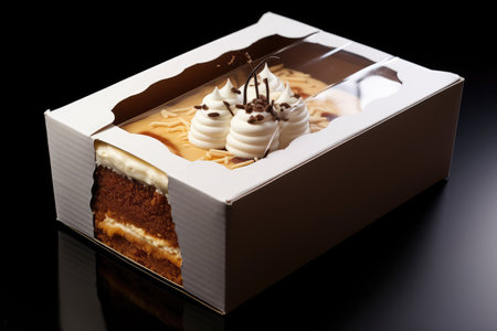 Tiramisu cake in a white box on a black backgroundの素材