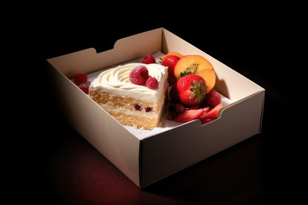 Delicious cake with fresh fruits in a box on a black backgroundの素材