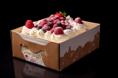 Meringue cake with raspberries and blackberries on a black backgroundの素材