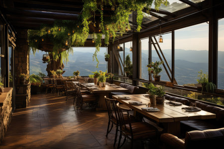 inside restaurant rooftop mountain view professional advertising photographyの素材