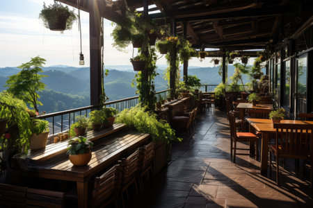 inside restaurant rooftop mountain view professional advertising photographyの素材