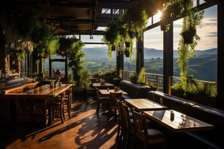 inside restaurant rooftop mountain view professional advertising photographyの素材
