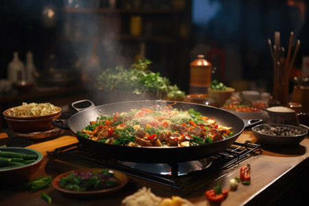 Wok Cooking in kitchen table professional advertising food photographyの素材