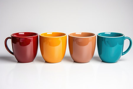 colorful coffee cups on a white background flat lay professional advertising food photographyの素材