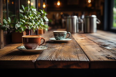 a coffee cups on a wooden kitchen table professional advertising food photographyの素材