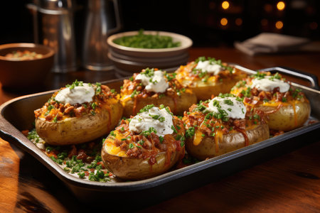 Baked Potato Serving in the kitchen tableprofessional advertising food photographyの素材