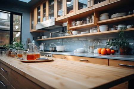 Modern Kitchen situation with Blurred background professional advertising photographyの素材