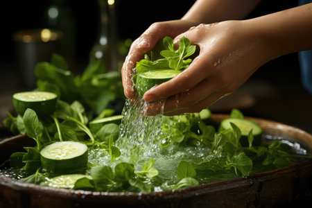 hand washing organic fruits and vegetables water splash professional advertising food photographyの素材