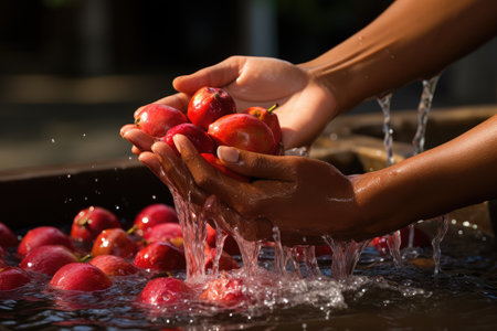 hand washing organic fruits and vegetables water splash professional advertising food photographyの素材