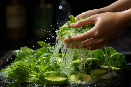 hand washing organic fruits and vegetables water splash professional advertising food photographyの素材