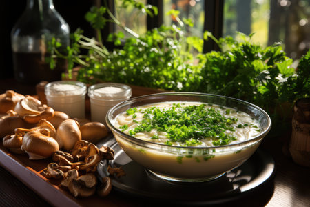 Mushroom Soup in kitchen table professional advertising food photographyの素材