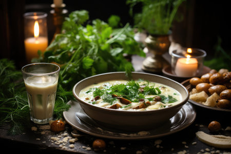 Mushroom Soup in kitchen table professional advertising food photographyの素材