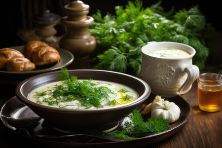 Mushroom Soup in kitchen table professional advertising food photographyの素材