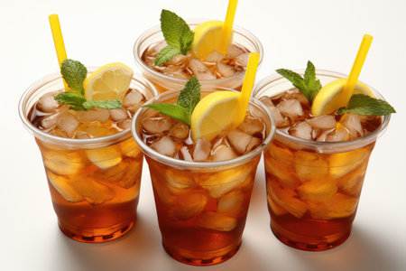 Iced tea in plastic cups with straw advertising food photographyの素材