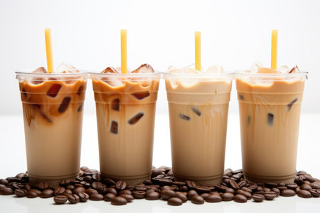 Iced coffee in plastic cups with straw advertising food photographyの素材