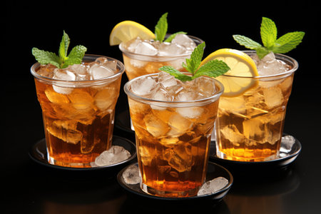 Iced tea in plastic cups with straw advertising food photographyの素材