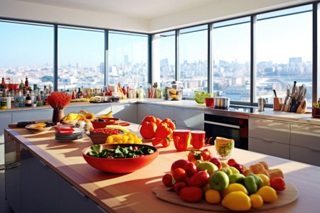 A modern simplistic kitchen of a rooftop apartment professional advertising photographyの素材