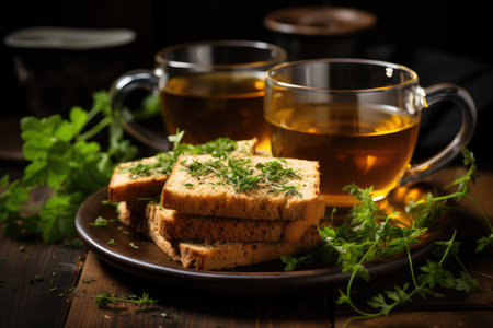 breakfast with bread and a cup of tea  professional food photographyの素材