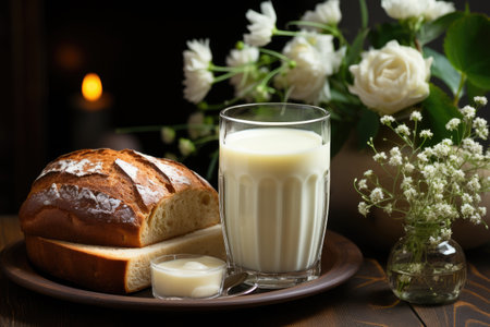breakfast with bread and a cup of milk  professional food photographyの素材