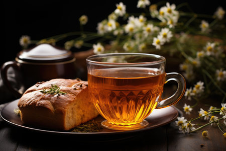 breakfast with bread and a cup of tea  professional food photographyの素材