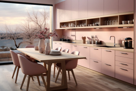 modern wood and pink kitchen professional advertising photographyの素材