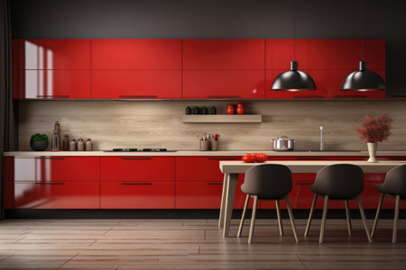 modern wood and red kitchen professional advertising photographyの素材