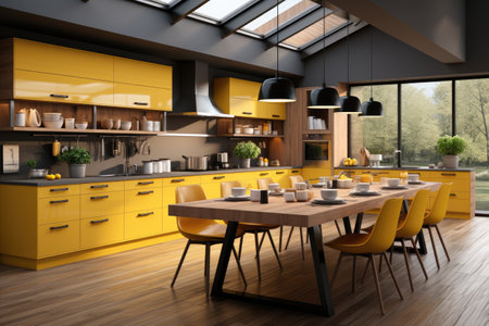 modern wood and yellow kitchen professional advertising photographyの素材