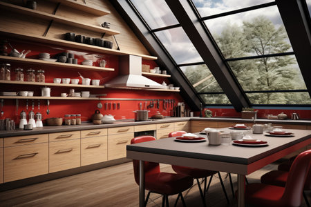 modern wood and red kitchen professional advertising photographyの素材