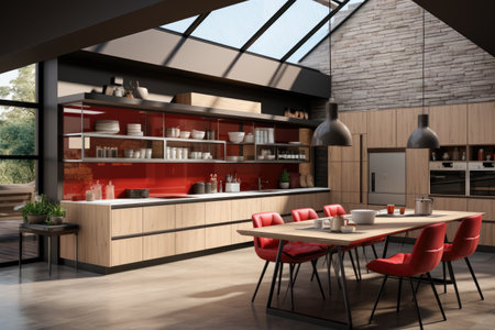 modern wood and red kitchen professional advertising photographyの素材