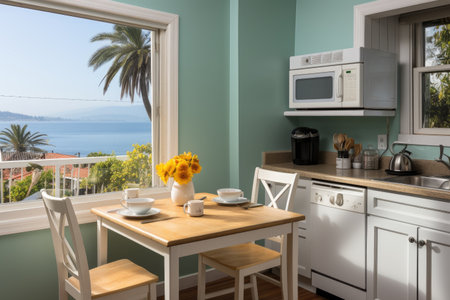 inside kitchen in the minimalist beach inn professional advertising photographyの素材