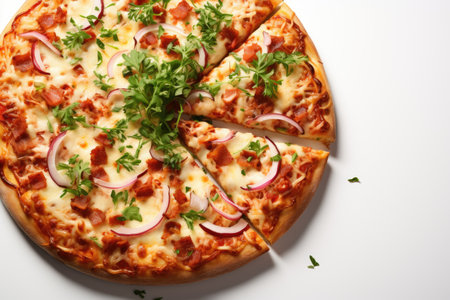 slice pizza flat lay top view light background professional advertising food photographyの素材