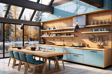 modern wood and blue kitchen theme professional advertising photographyの素材