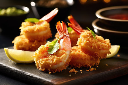 Floured fried shrimp ready to serve in the kitchen table professional advertising food photographyの素材